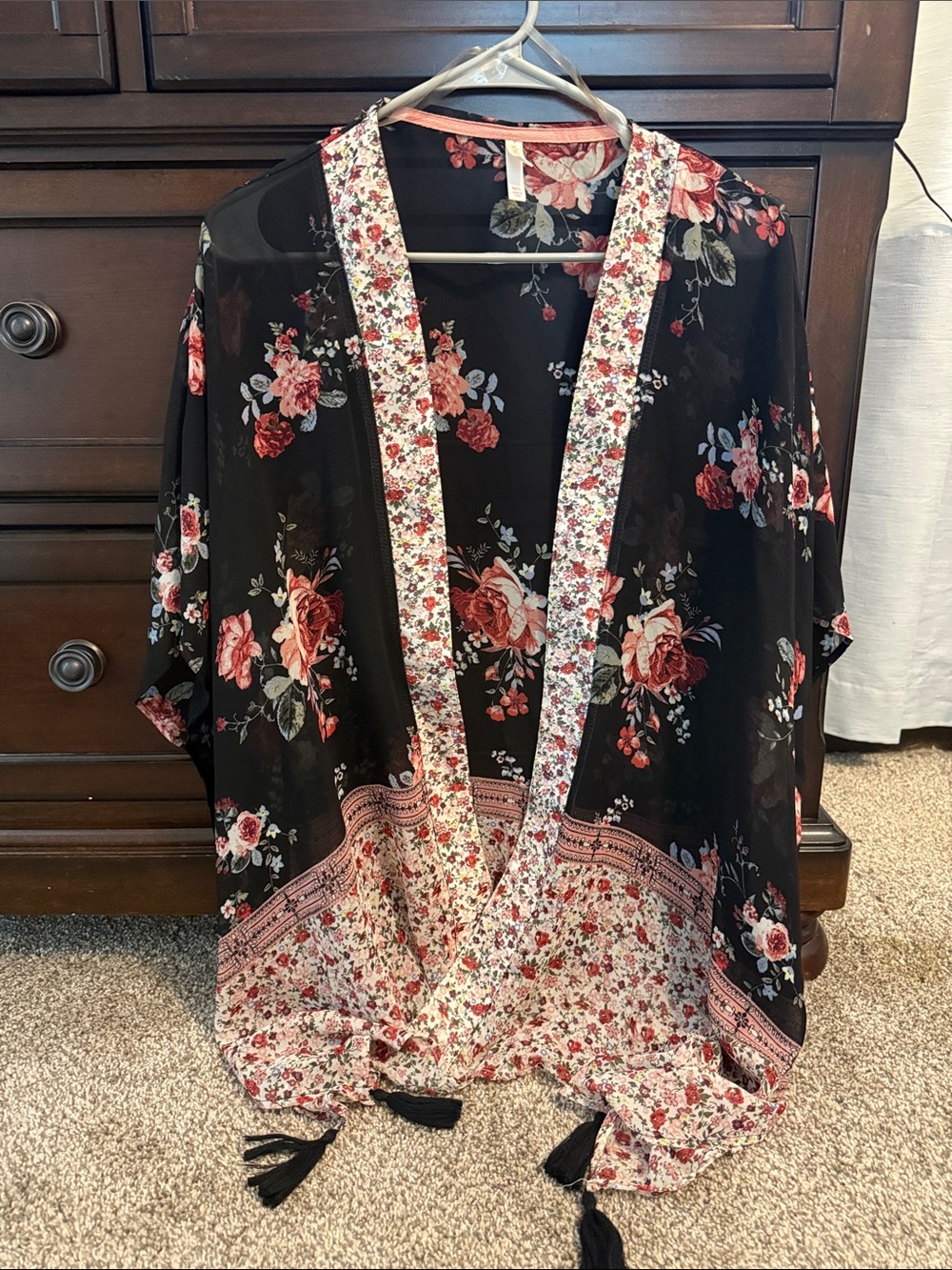 Xhilaration Black Floral Open-Front Kimono with Tassels